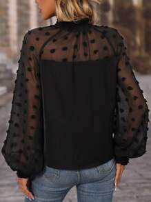 SHEIN Essnce Swiss Dot Mesh Panel Lantern Sleeve Blouse - Black - View 2
