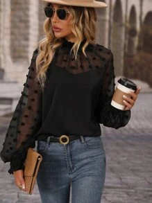 SHEIN Essnce Swiss Dot Mesh Panel Lantern Sleeve Blouse - Black - View 6
