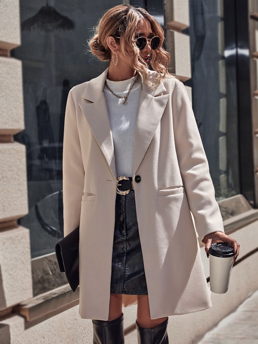 SHEIN LUNE Lapel Neck Single Button Overcoat Fall Winter Cloth For Women - Apricot - View 1
