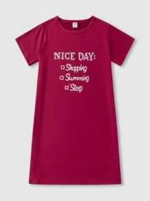 女孩字母圖案睡裙 - 酒紅色 - 查看 1