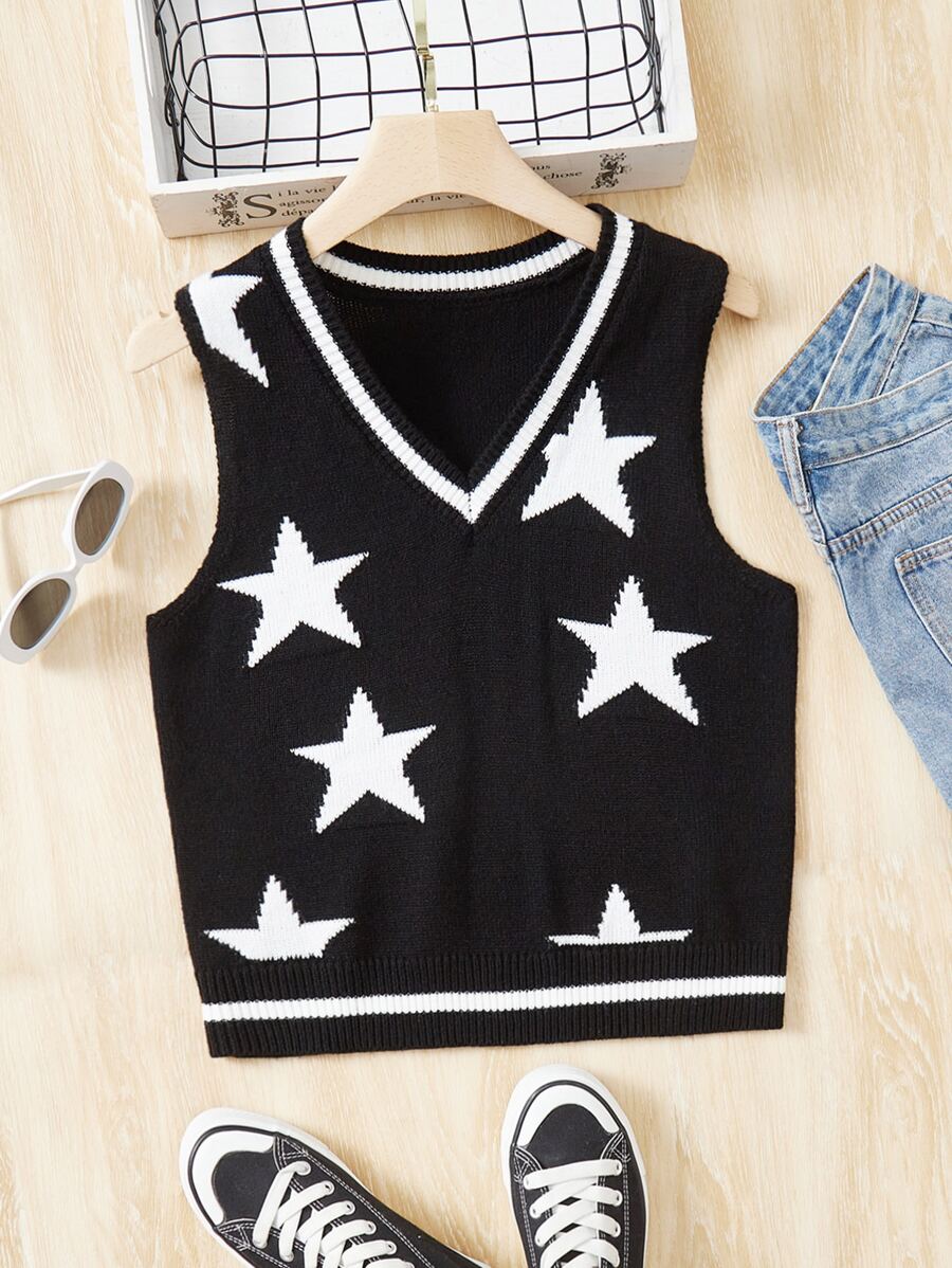 SHEIN EZwear Chaleco de punto con patrón de estrella ribete de rayas sin camisa - Negro - Ver 1