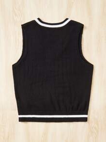 SHEIN EZwear Chaleco de punto con patrón de estrella ribete de rayas sin camisa - Negro - Ver 2