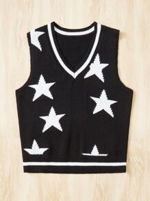SHEIN EZwear Chaleco de punto con patrón de estrella ribete de rayas sin camisa - Negro - Ver 3