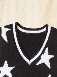SHEIN EZwear Chaleco de punto con patrón de estrella ribete de rayas sin camisa - Negro - Ver 5