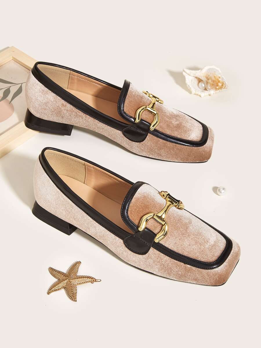 Metal Decor Square Toe Flat Loafers - Khaki - View 1