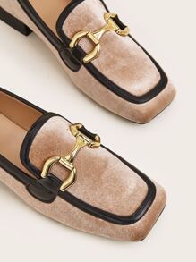 Metal Decor Square Toe Flat Loafers - Khaki - View 3