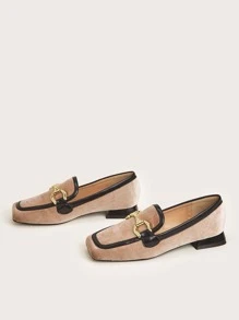 Metal Decor Square Toe Flat Loafers - Khaki - View 4