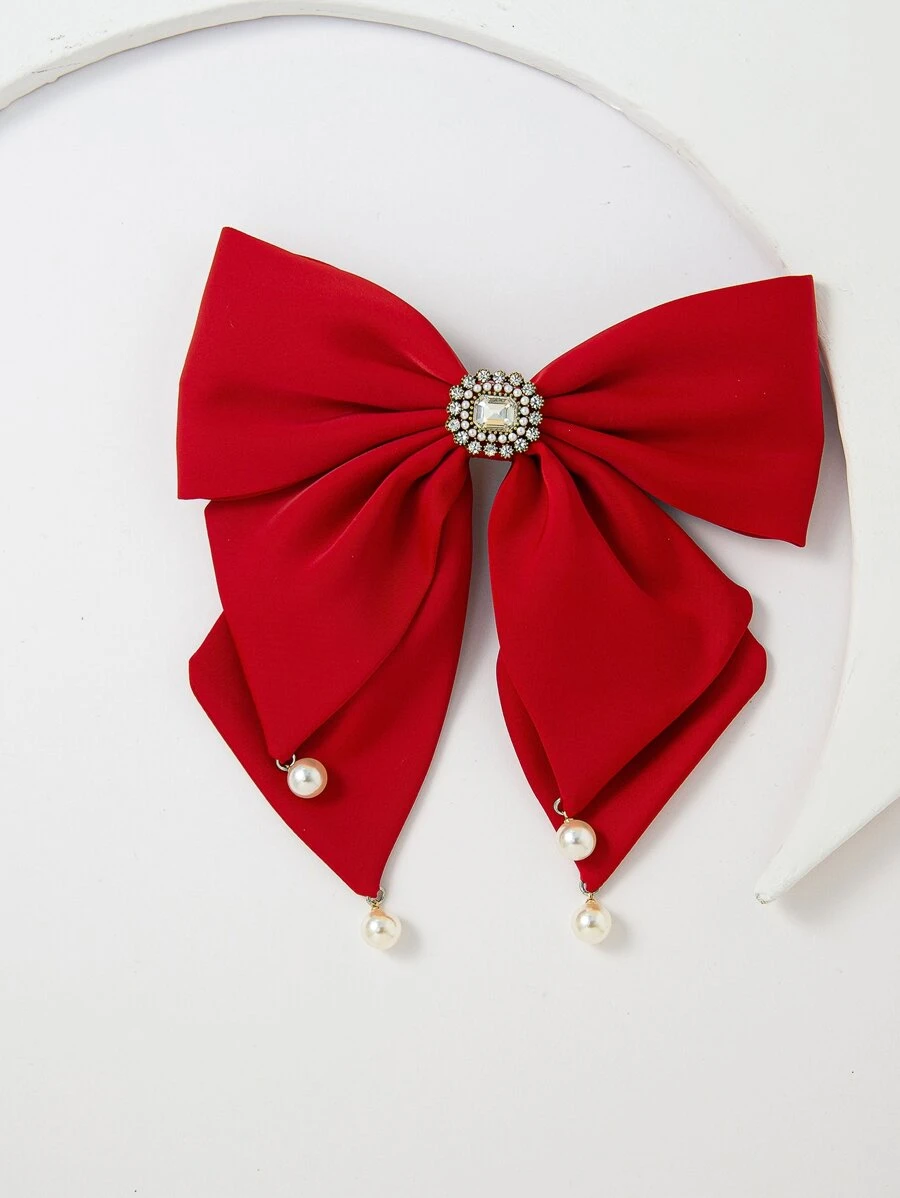 Faux Pearl & Bow Decor Hair Clip - Red - View 1