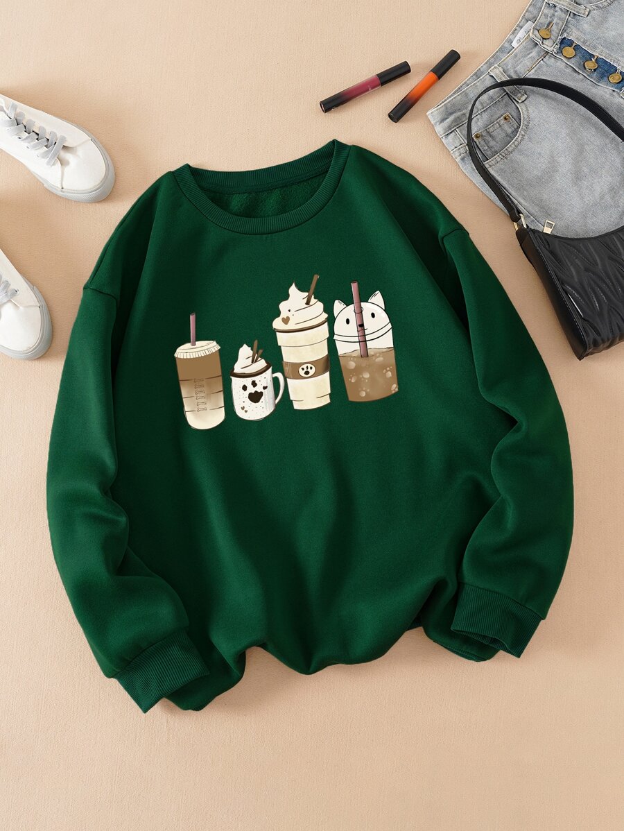 SHEIN EZwear Plus Beverage Print Thermal Lined Pullover - Dark Green - View 1