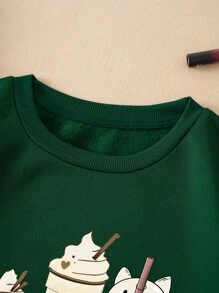 SHEIN EZwear Plus Beverage Print Thermal Lined Pullover - Dark Green - View 4