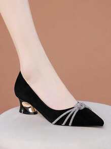 Tacones altos elegantes, cómodos y versátiles sin fatiga con correa de strass para mujer, para otoño/invierno - Negro - Ver 2