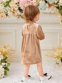 Baby Girl Frilled Neck Velvet Dress - Champagne - View 2