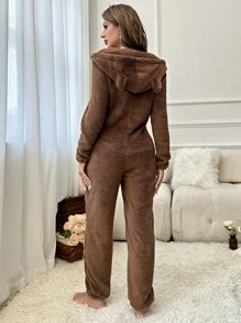Pijama con capucha con cremallera y diseño de orejas 3D en los hombros caídos de franela