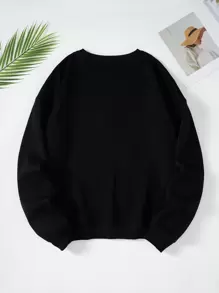 INAWLY Paw & Letter Graphic Thermal Pullover - Black - View 2