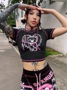 ROMWE Anime Stitching Trim Cartoon Bear Graphic Crop Tee - Black - View 1