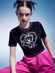 ROMWE Anime Stitching Trim Cartoon Bear Graphic Crop Tee - Black - View 6
