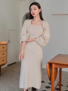 DAZY Vestido de tirantes unicolor & Abrigo de hombros caídos - Albaricoque - Ver 12