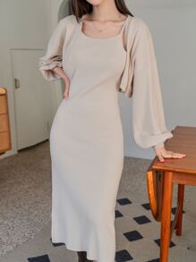 DAZY Vestido de tirantes unicolor & Abrigo de hombros caídos - Albaricoque - Ver 6