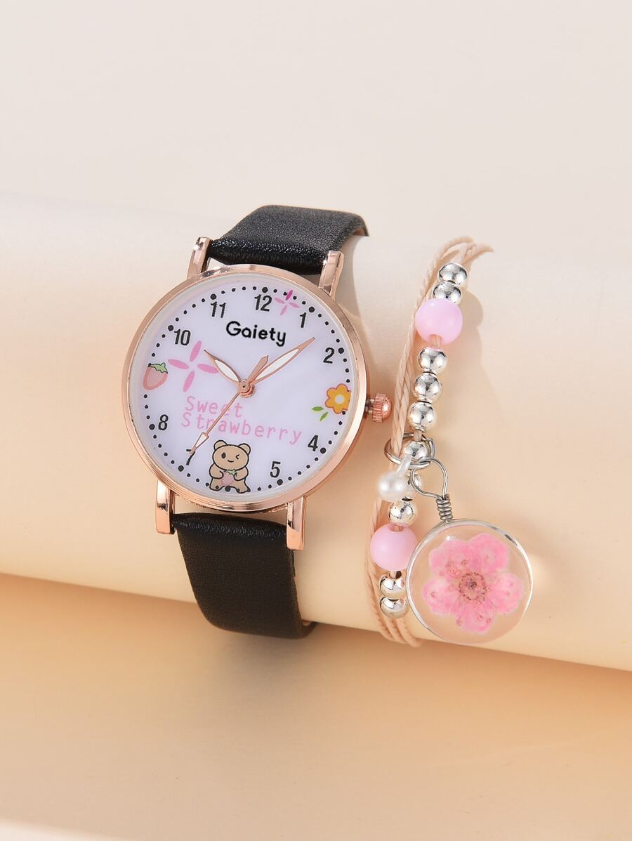 2入組女孩休閒可愛pu皮革石英手錶和玻璃吊墜塑料花手鐲