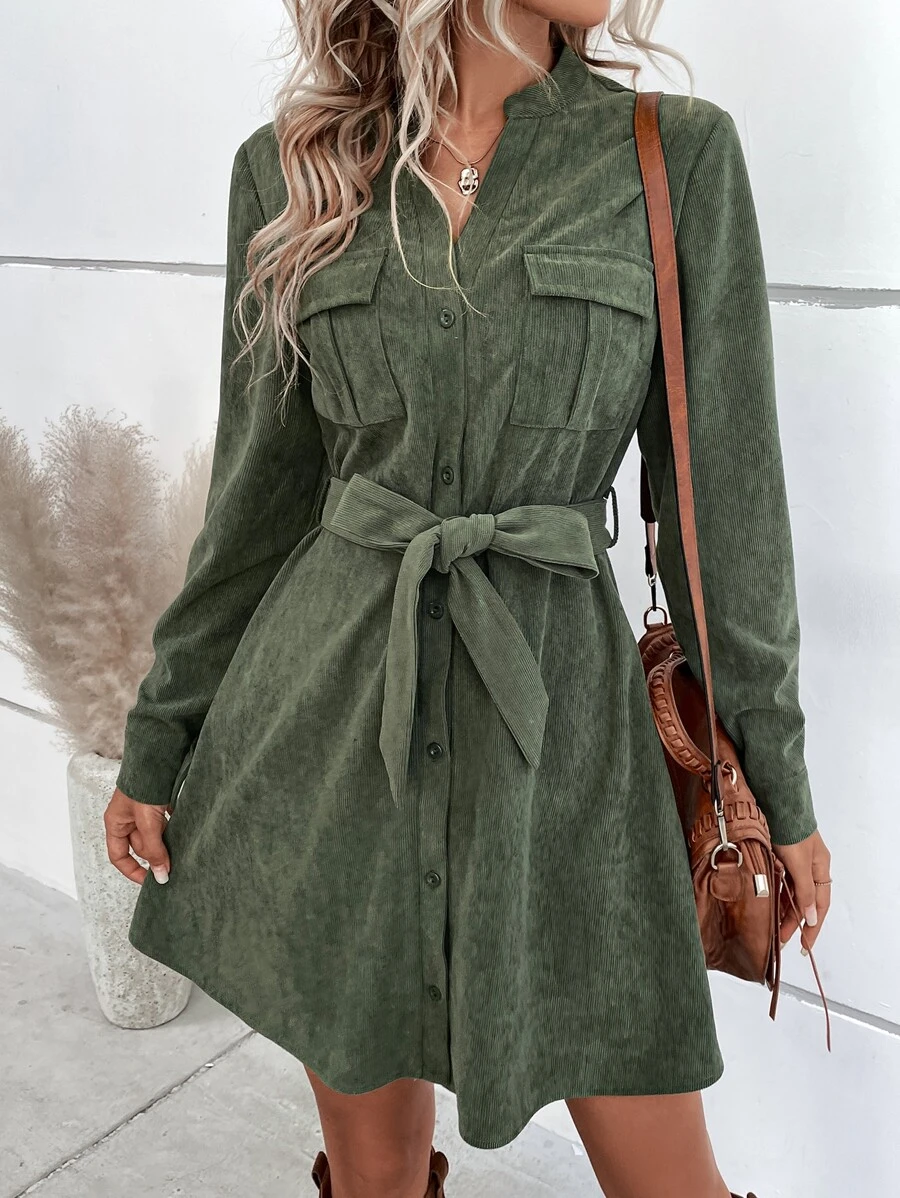 翻蓋口袋腰帶襯衫洋裝