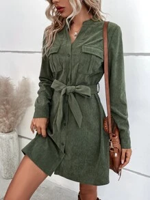 翻蓋口袋腰帶襯衫洋裝