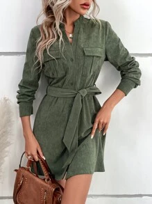 翻蓋口袋腰帶襯衫洋裝