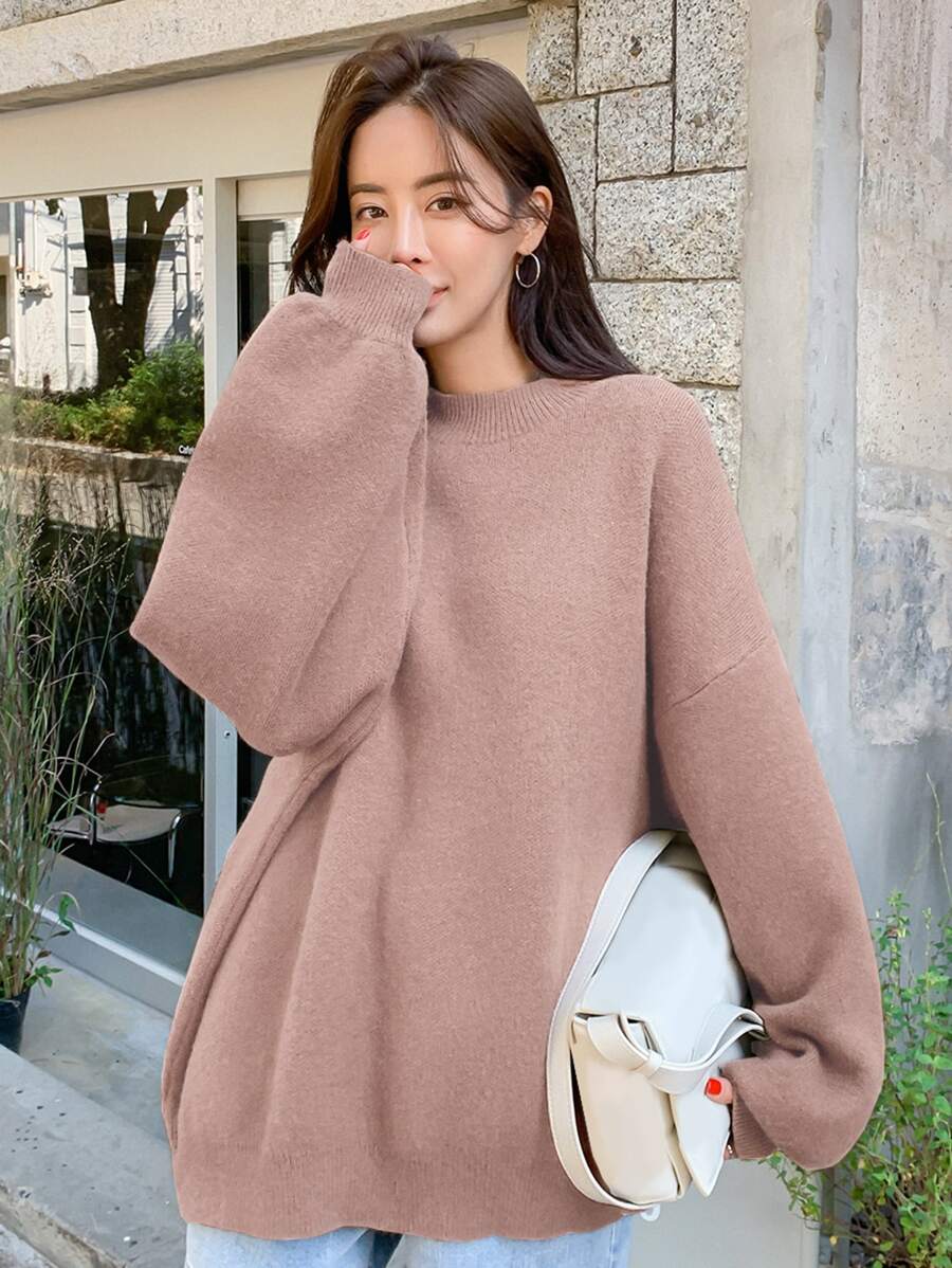 DAZY Solid Drop Shoulder Ribbed Knit Oversized Jumper - Dusty Pink - View 1