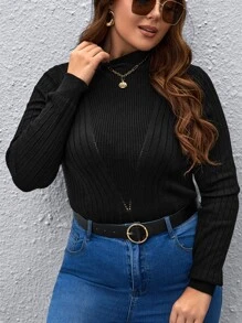 Calvaya Plus Mock Neck Ribbed Knit Jumper - Black - View 5