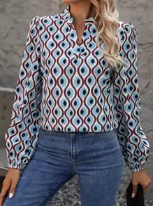 SHEIN Clasi Allover Print Notched Neckline Lantern Sleeve Blouse - Baby Blue - View 1