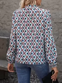 SHEIN Clasi Allover Print Notched Neckline Lantern Sleeve Blouse - Baby Blue - View 2