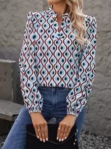 SHEIN Clasi Allover Print Notched Neckline Lantern Sleeve Blouse - Baby Blue - View 3