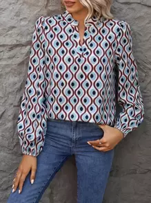 SHEIN Clasi Allover Print Notched Neckline Lantern Sleeve Blouse - Baby Blue - View 4
