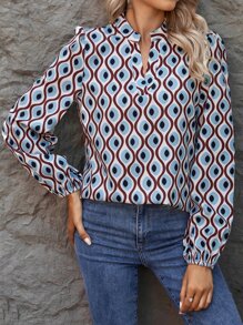 SHEIN Clasi Allover Print Notched Neckline Lantern Sleeve Blouse - Baby Blue - View 5