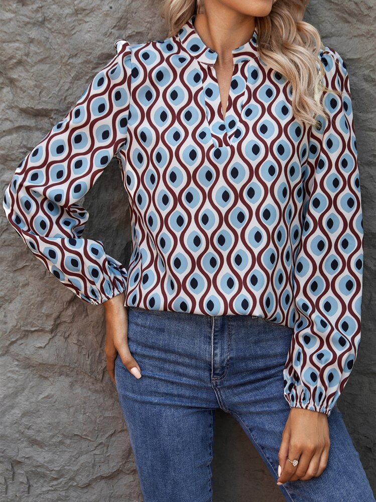 SHEIN Clasi Blouse à imprimé manches bouffantes - Bleu ciel - Voir 5
