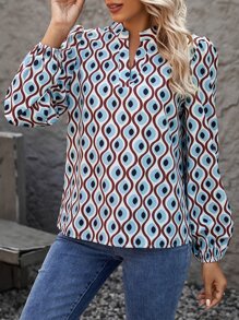 SHEIN Clasi Allover Print Notched Neckline Lantern Sleeve Blouse - Baby Blue - View 6