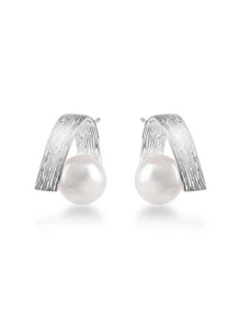 Hoa tai đinh tán bạc trang trí ngọc trai giả - Bạc - Xem 1