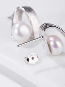 Hoa tai đinh tán bạc trang trí ngọc trai giả - Bạc - Xem 2