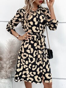 SHEIN LUNE Allover Print Roll Tab Sleeve Belted Shirt Dress - Black - View 3