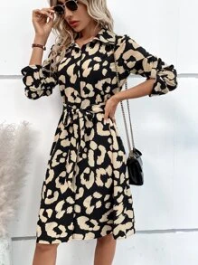 SHEIN LUNE Allover Print Roll Tab Sleeve Belted Shirt Dress - Black - View 4