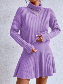 SHEIN Unity 高領落肩袖毛衣和針織裙 - 紫丁香色 - 查看 1