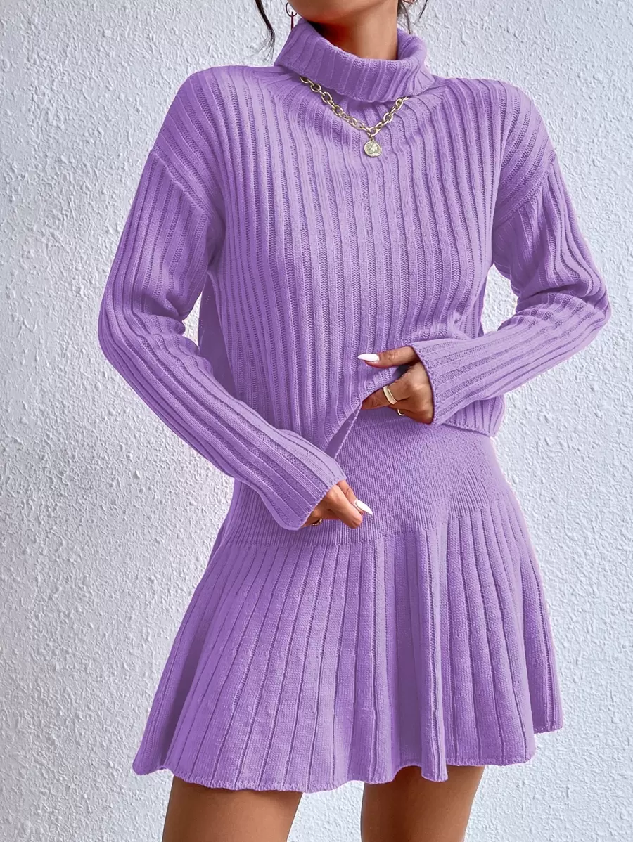 SHEIN Unity 高領落肩袖毛衣和針織裙 - 紫丁香色 - 查看 1