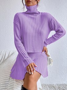 SHEIN Unity 高領落肩袖毛衣和針織裙 - 紫丁香色 - 查看 5