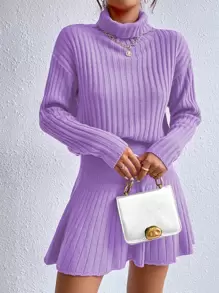 SHEIN Unity 高領落肩袖毛衣和針織裙 - 紫丁香色 - 查看 6
