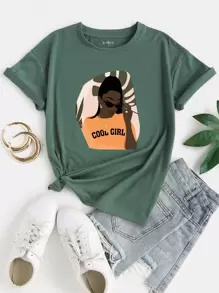 SHEIN EZwear Letter & Figure Graphic Tee - Dark Green - View 1