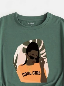 SHEIN EZwear Letter & Figure Graphic Tee - Dark Green - View 3