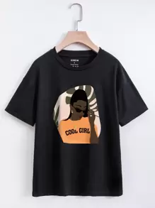 SHEIN EZwear 人物和字母圖案落肩T恤 - 黑色 - 查看 1