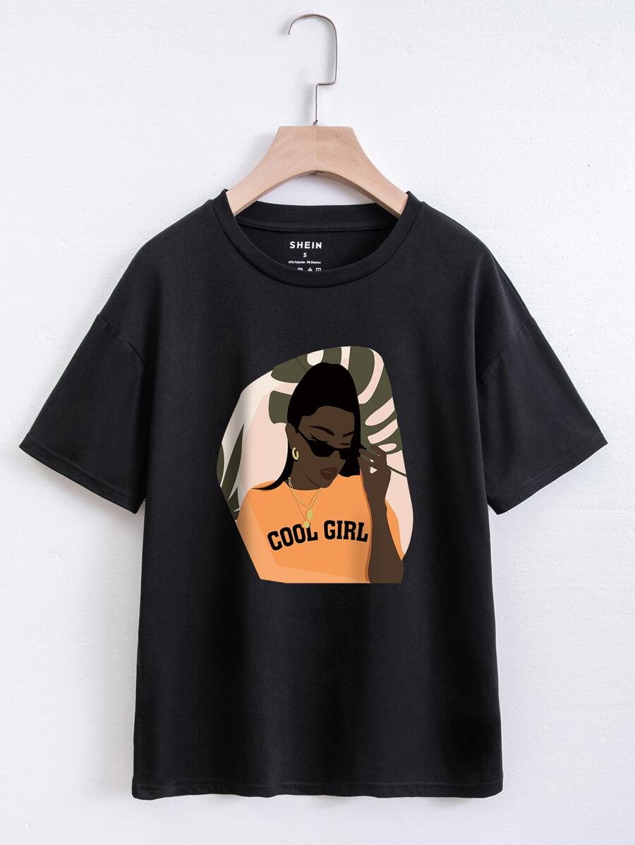 SHEIN EZwear 人物和字母圖案落肩T恤 - 黑色 - 查看 1