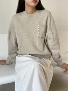 DAZY Jersey con parche con bolsillo de hombros caídos - Beis - Ver 7