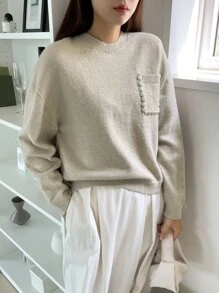 DAZY Jersey con parche con bolsillo de hombros caídos - Beis - Ver 1