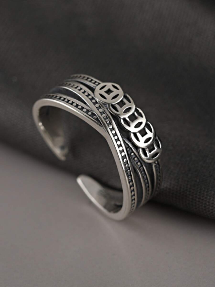 1 Pieza Anillo Para Hombre Con Diseño De Moneda Apto Para Uso Diario - Plata antigua - Ver 1